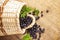 bilberries scattered on wooden table