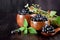 Bilberries in wooden bowls