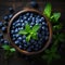 Bilberry banner. Bowl full of bilberries. Close-up food photography background