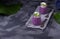 Bilberry mousse topped with whipped cream and mint