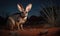 Bilby on vast sandy Australian landscape illuminated by the moonlight. Its distinctive long ears are used to locate insects and