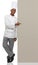 Billboard, portrait and black man chef with hand pointing to studio for checklist, menu or space on white background