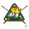 Billiard ball with crown and pyramyd gren table with crossed cues on whit. Sport logo for any team