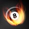 Billiard Ball In Fire Vector Realistic. Burning Billiard Ball. Transparent Background