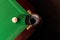 Billiard ball near the pockets on the billiard table, top view, American billiards. Sports games, outdoor activities