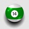 Billiard ball number 14. Green and white color. Isolated wind object on transparent background