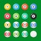 Billiard balls collection in flat style. Set of snooker balls with numbers.