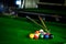 Billiard balls. Colorful snooker balls on green frieze