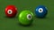 Billiard balls on a green background with letters RGB.