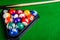 Billiard balls on green table with billiard cue, Snooker, Pool.