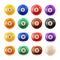 Billiard balls multicolored with numbers from zero to fifteen realistic set. Sport tools.