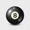 Billiard,black pool ball with number 8.Snooker. Transparent background.Vector illustration.