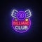 Billiard club neon sign. Design template Bright neon emblem, logo for Billiard Club, Bar, Tournament. Light banner