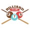 Billiard club vector label template of crossed pool cues and balls