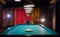 Billiard club. A woman with red hair and nice figure standing by the table. Beautiful lighting