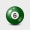 Billiard,green pool ball with number 6.Snooker. Transparent background.Vector illustration.