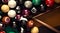 Billiard hundred, sport game. Colored balls, cue on green cloth. Fun competition. AI generated.