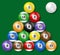 Billiard, pool balls collection. Triangle arrangement. Green background. High quality, photorealistic vector illustration.