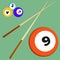 Billiard snooker elements balls with numbers and sticks. Colored vector illustration set