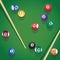 Billiard stick and pool balls on green billiard table game. Pool balls and cue for pool game on green table top view.