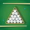 Billiard stick and white pool balls in triangle on green table for game. Biliard balls, triangle and cue for game on