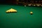 Billiard table with billiard balls close up.Billiard balls in a pool table