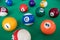 Billiard table with a selection of balls. Game. Snooker, billiards.