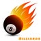 Billiards ball with red orange yellow tone fire in the white background. sport ball logo design. billiards ball logo. vector.