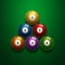 Billiards, full set of billiard balls isolated on a green background. Snooker. illustration