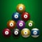 Billiards, full set of billiard balls isolated on a green background. Snooker. illustration