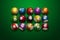 Billiards, full set of billiard balls isolated on a green background. Snooker. illustration