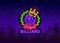 Billiards neon sign. Royal Billiards logo in neon style, light banner, design template emblem night billiard, bright