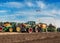 Bilogirya, Khmelnytsky region, UKRAINE - August 19, 2021: tractors with seeder at the demonstration of agricultural machinery,