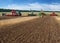 Bilogirya, Khmelnytsky region, UKRAINE - August 19, 2021: tractors with seeder at the demonstration of agricultural machinery,