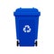 Bin, Recycle plastic blue wheelie bin for waste isolated on white background, Blue bin with recycle waste symbol, Front view of