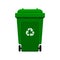 Bin, Recycle plastic green wheelie bin for waste isolated on white background, Green bin with recycle waste symbol, Front view bin