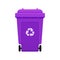 Bin, Recycle plastic purple wheelie bin for waste isolated on white background, Purple  bin with recycle waste symbol, Front view