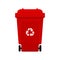 Bin, Recycle plastic red wheelie bin for waste isolated on white background, Red bin with recycle waste symbol, Front view