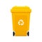 Bin, Recycle plastic yellow wheelie bin for waste isolated on white background, Yellow bin with recycle waste symbol, Front view