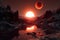 binary star sunset casting double shadows on exoplanet