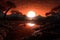binary star sunset casting double shadows on exoplanet