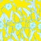 Bindweed floral seamless pattern light green blue branch with leaves buds and flowers contours on yellow background hand-drawn.