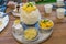 Bingsu Korean desserts mango served with sweetened condensed milk and sticky rice