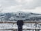 Binoculars in Bukovel ski resort, Ukraine, snow, mountains and trees on the background.