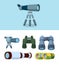 Binoculars. Travel telescope reflection optical tools for outdoor exploration vector flat style illustrations