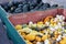 Bins of acorn squash, white pumpkins, decorative gourds for sale