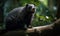 Binturong known as Bearcat perched on a branch in the lush canopy of a tropical rainforest. Its thick black fur shines in the