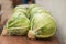 Bio cabbage planting. Ripe organic harvest cabbage on the table