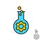 Bio engineering and technology logo with mechanical gear and chemical flask with bubbles.