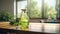 bio organic bottle of cleaning product and leaves